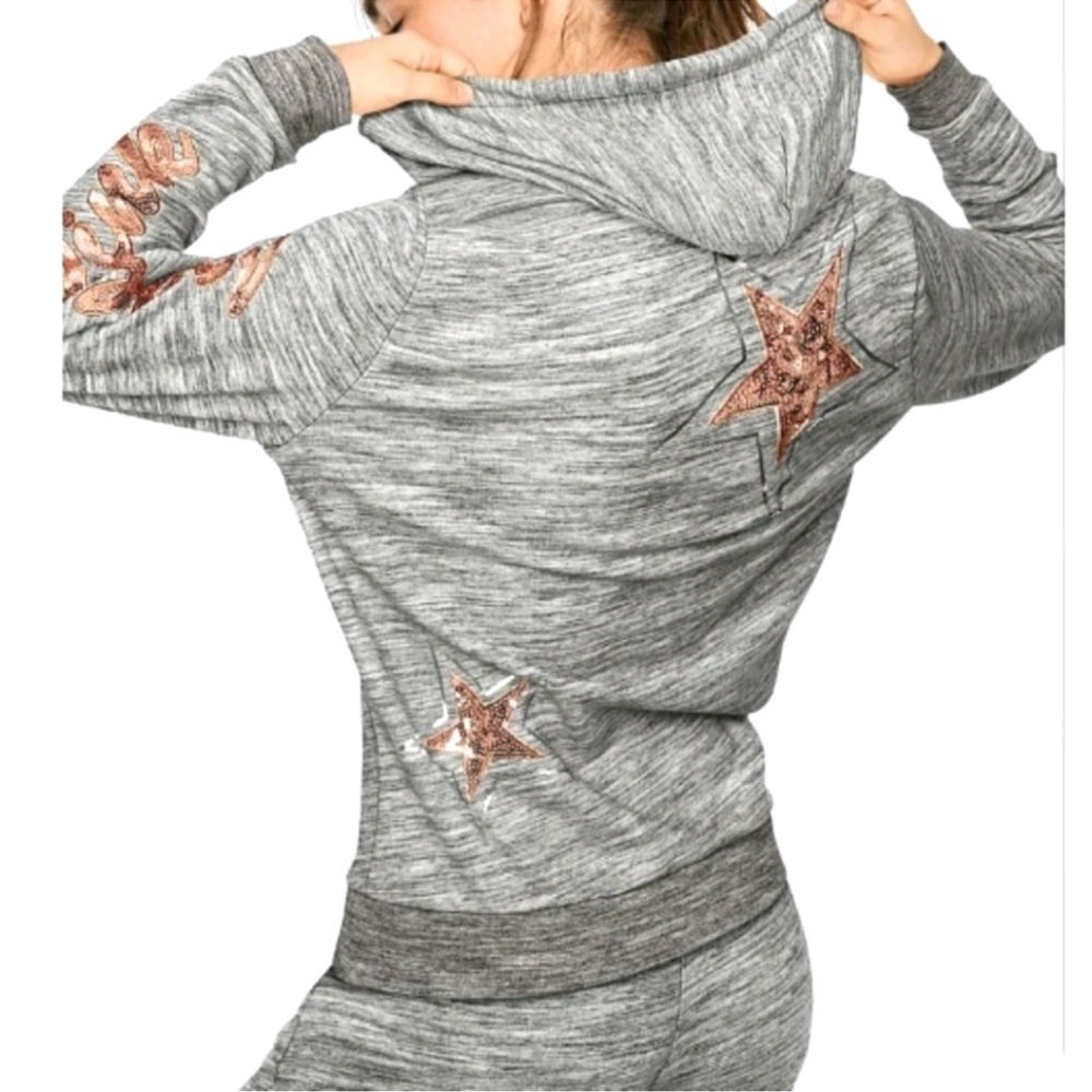 Gray Zip-Up Hoodie with Pink Logo
